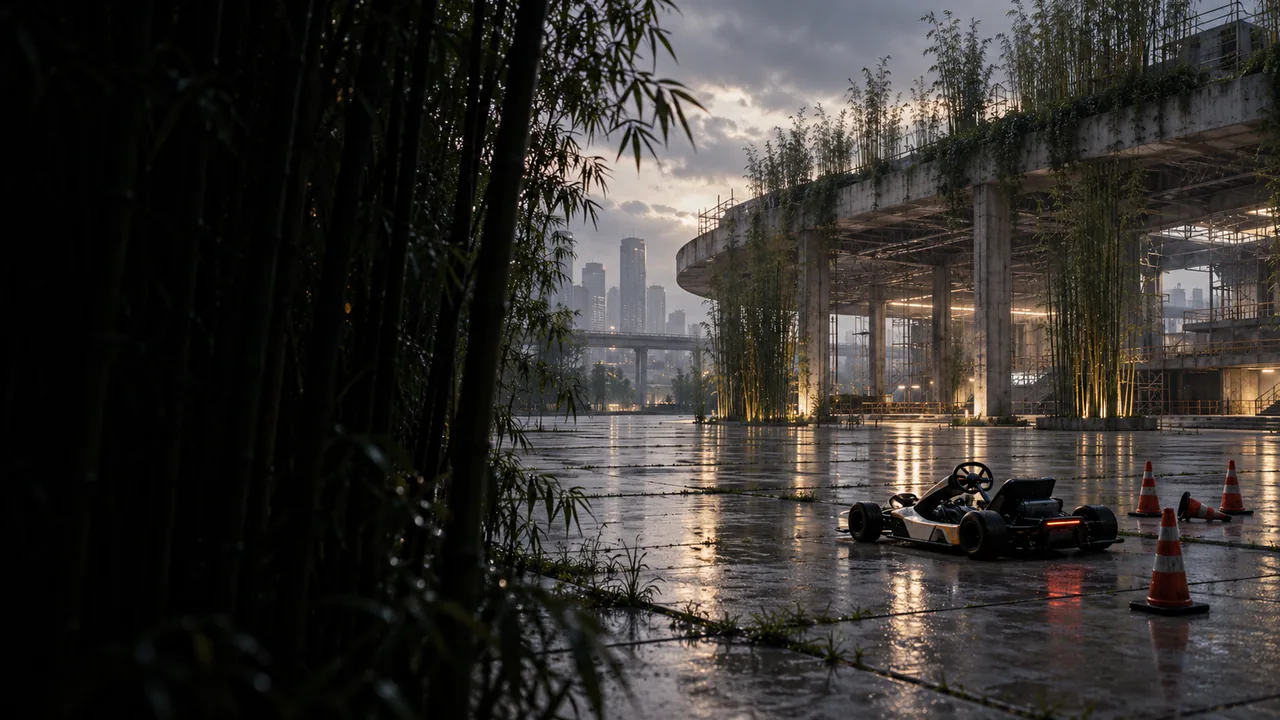 A kart parked among cones under a vine-covered overpass