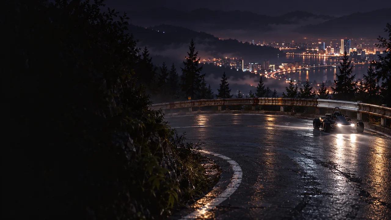 Two karts on a hairpin above a city in mist