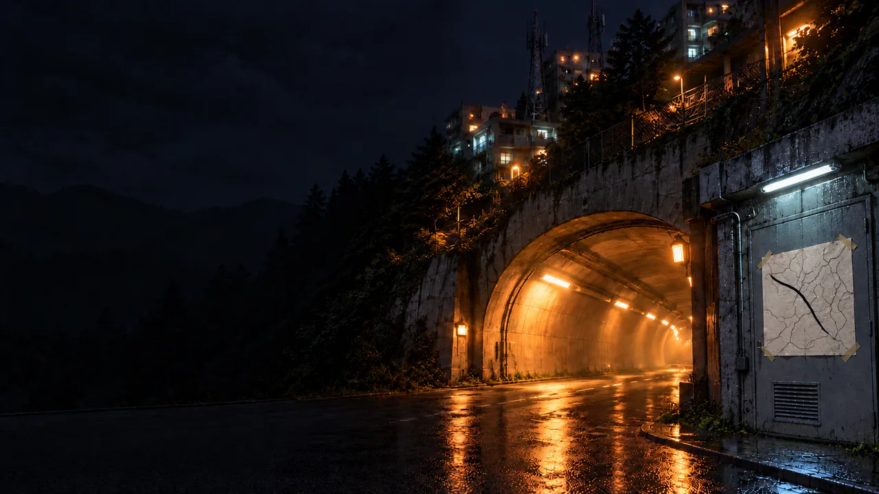 A lit tunnel mouth on a wet mountain road