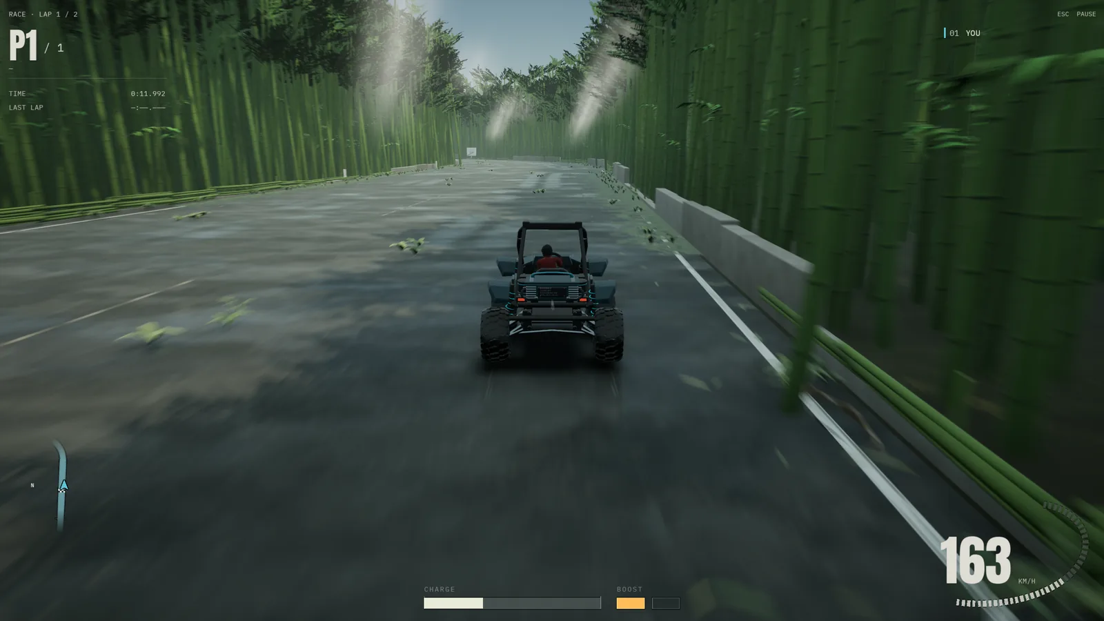 A kart racing down a road through a bamboo forest