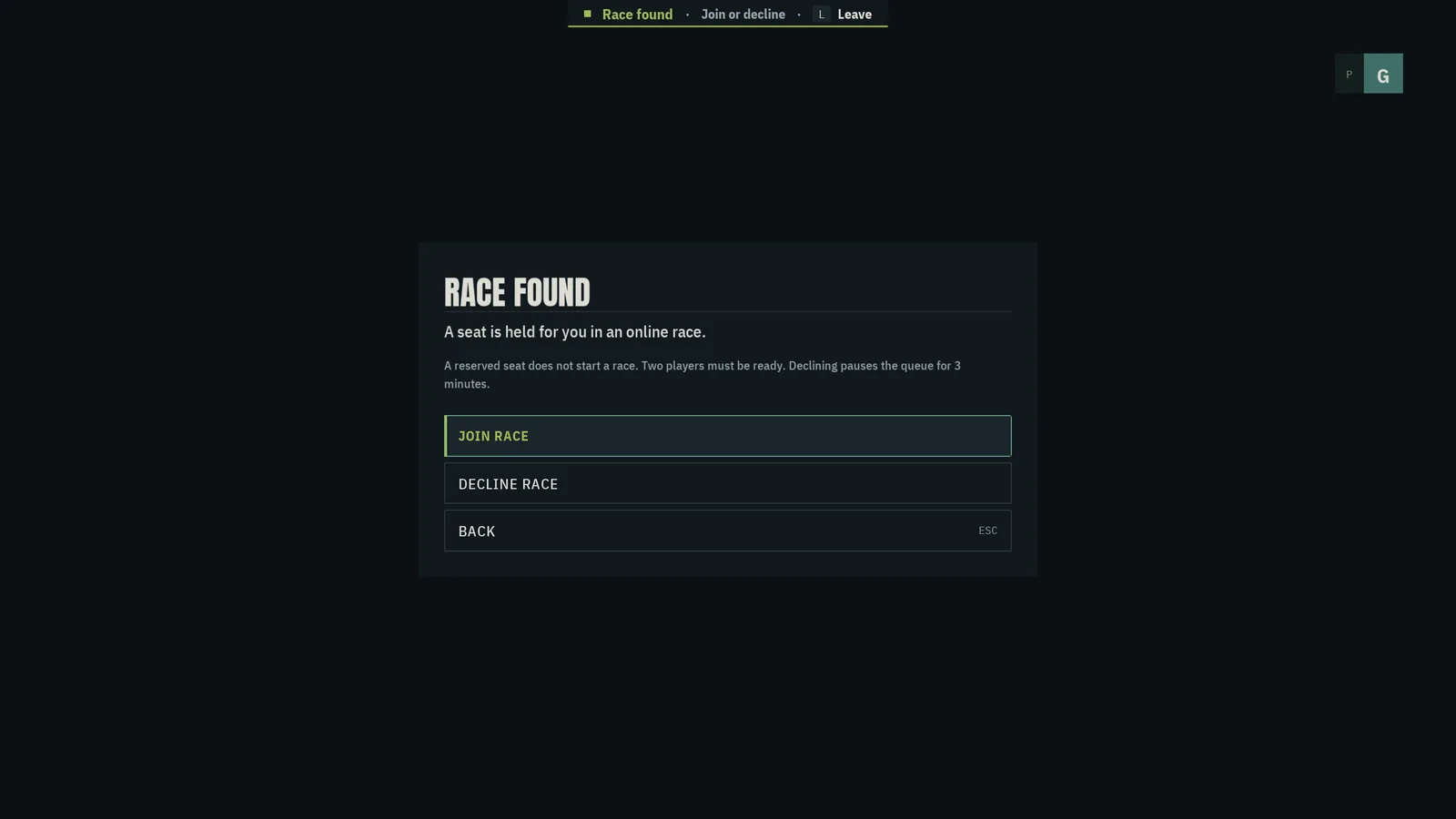 The Race Found card offering a seat in an online race